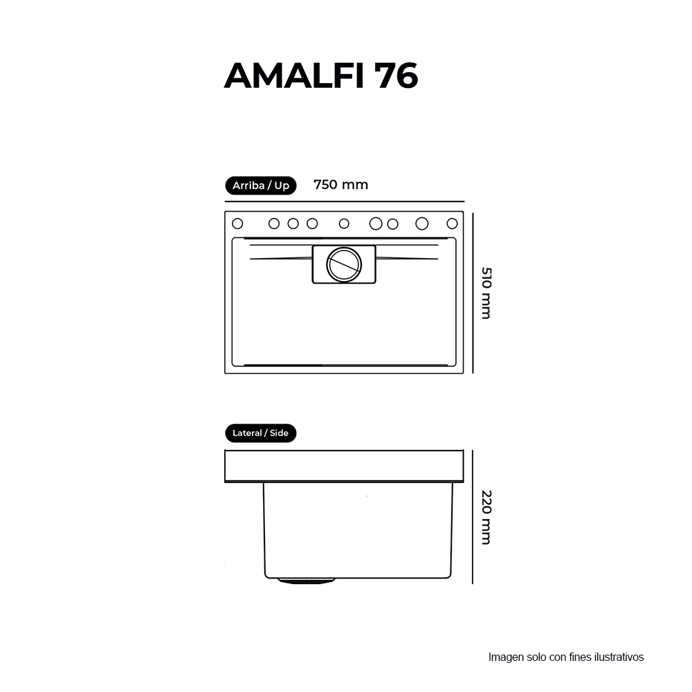 Fregador de lujo, 76 cm, AMALFI 76, Drija, acero inoxidable satinado 304