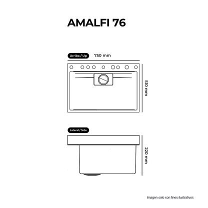 Fregador de lujo, 76 cm, AMALFI 76, Drija, acero inoxidable satinado 304
