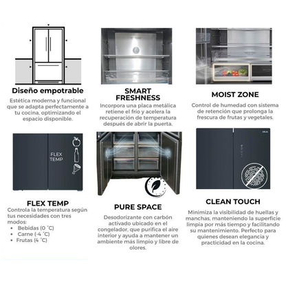 Refrigerador y congelador empotrable 18.4pc, DARK-I 18CD4P Drija, color acero negro pulido mate, Control digital, iluminación LED, compresor inverter