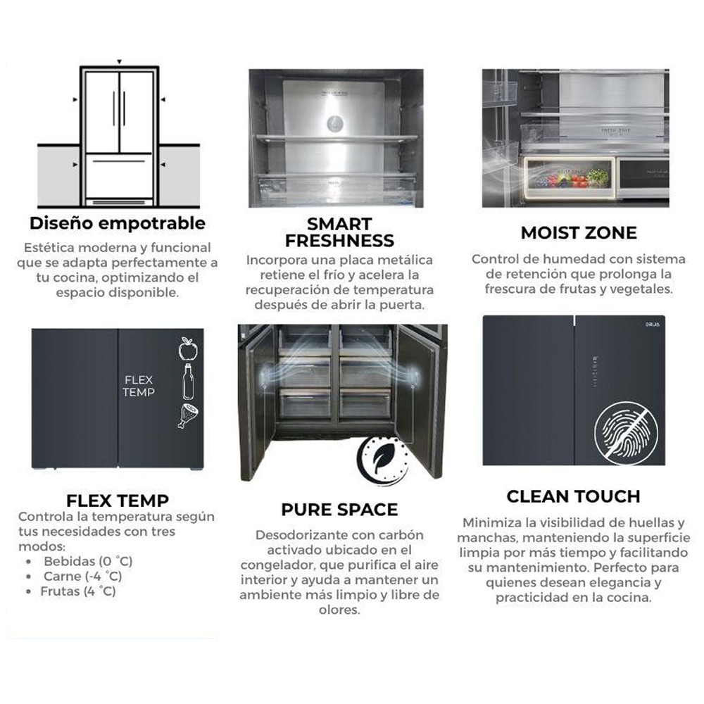 Refrigerador y congelador empotrable 18.4pc, GLASS-B 18CD4P Drija, control digital, iluminación LED, compresor inverter, 115V-60Hz