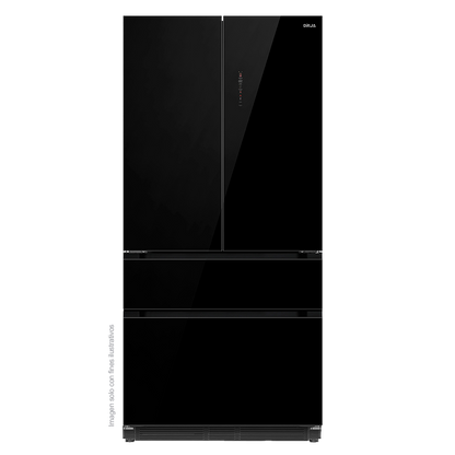 Refrigerador Congelador, diseño empotrable, Glass-B 18FD4P capacidad de 18.1pc / 520 litros, puerta acabado espejo negro, compresor inverter.