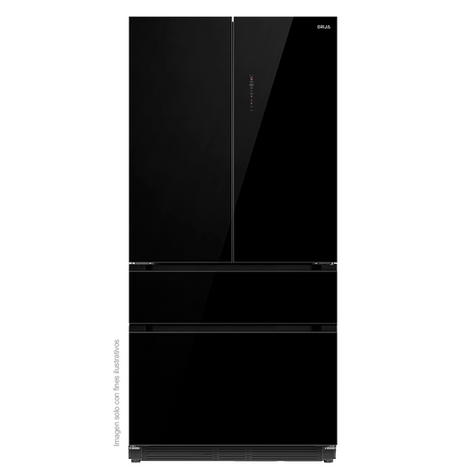 Refrigerador Congelador, diseño empotrable, Glass-B 18FD4P capacidad de 18.1pc / 520 litros, puerta acabado espejo negro, compresor inverter.