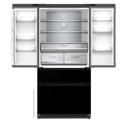Refrigerador Congelador, diseño empotrable, Glass-B 18FD4P capacidad de 18.1pc / 520 litros, puerta acabado espejo negro, compresor inverter.