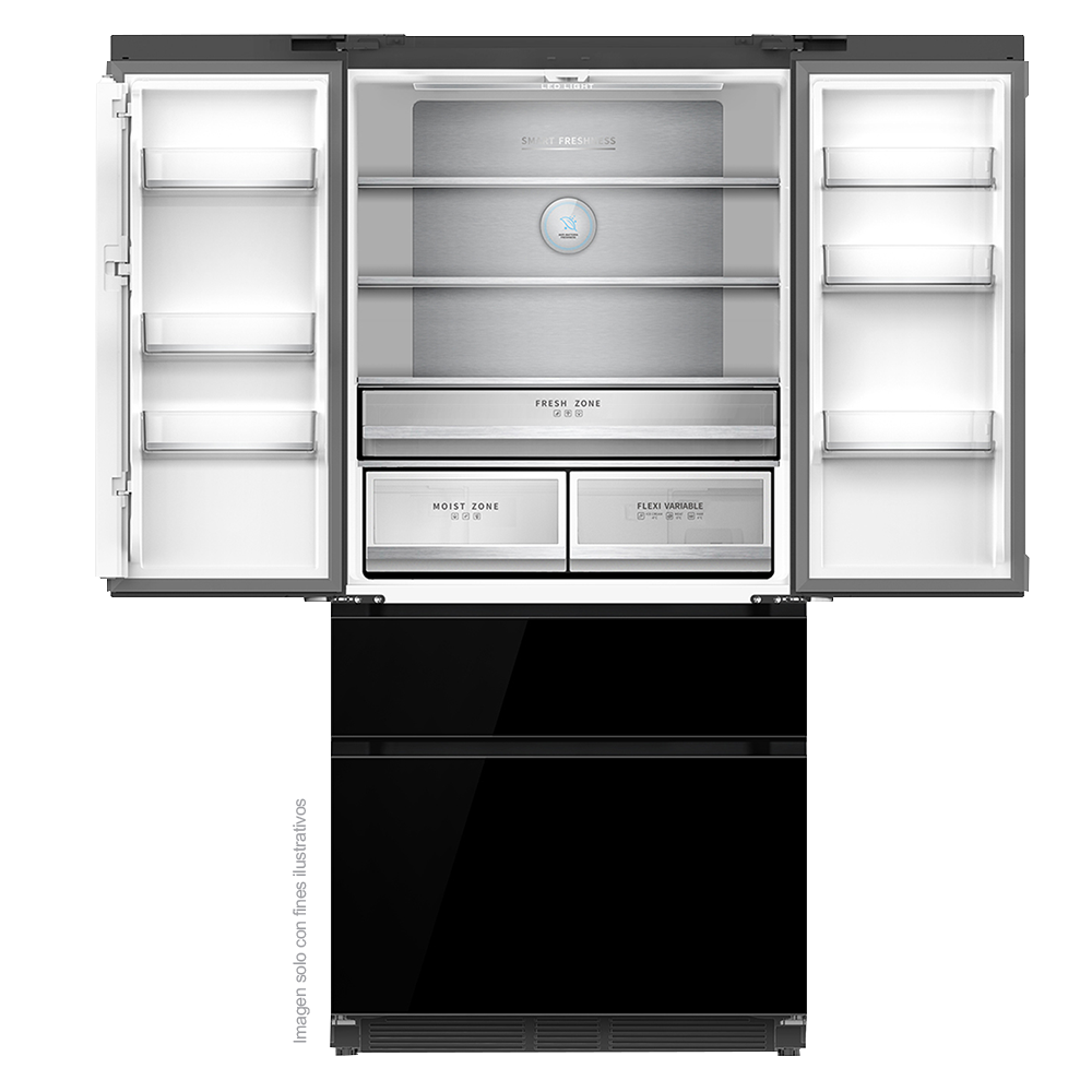 Refrigerador Congelador, diseño empotrable, Glass-B 18FD4P capacidad de 18.1pc / 520 litros, puerta acabado espejo negro, compresor inverter.