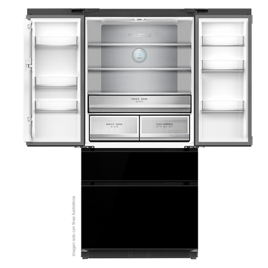 Refrigerador Congelador, diseño empotrable, Glass-B 18FD4P capacidad de 18.1pc / 520 litros, puerta acabado espejo negro, compresor inverter.