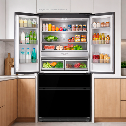 Refrigerador Congelador, diseño empotrable, Glass-B 18FD4P capacidad de 18.1pc / 520 litros, puerta acabado espejo negro, compresor inverter.
