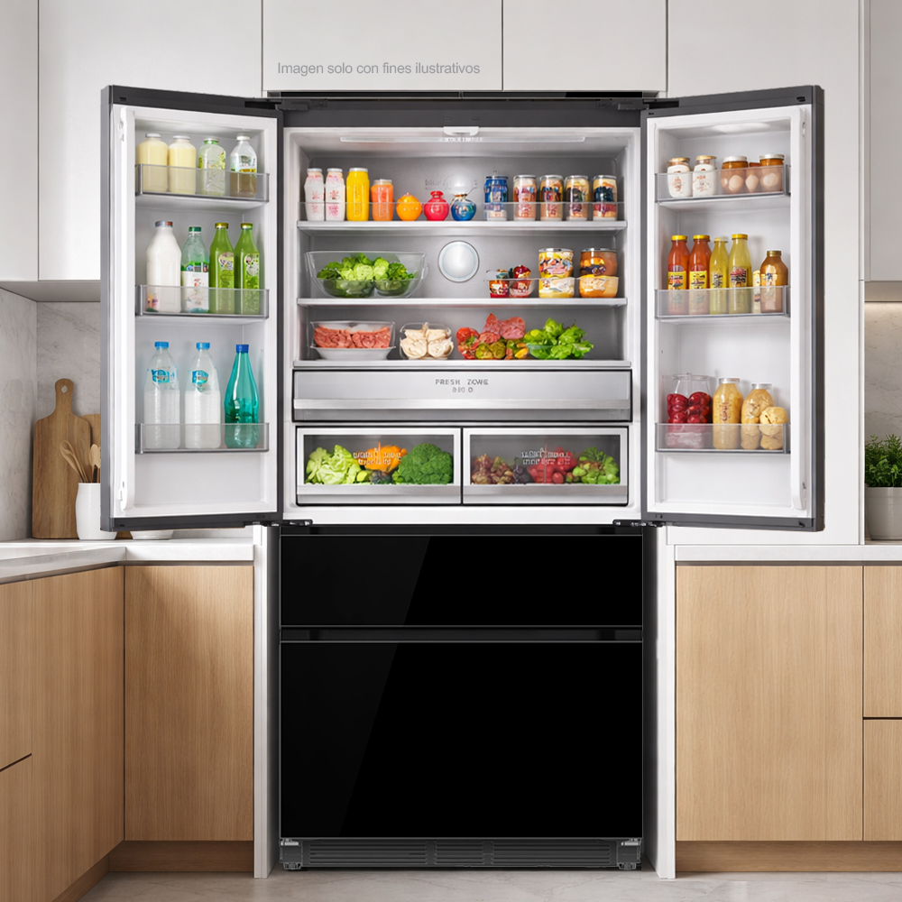 Refrigerador Congelador, diseño empotrable, Glass-B 18FD4P capacidad de 18.1pc / 520 litros, puerta acabado espejo negro, compresor inverter.