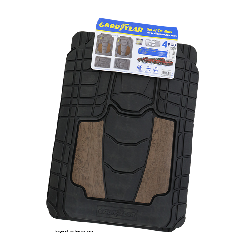 Alfombras para autos 4 pc, 991-GY24005. Good Year, color negro con detalle de simula madera.