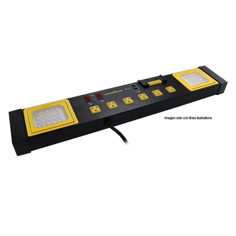 Regleta multifuncional modelo 991-2500066, de 6 enchufes + 2 puertos USB, y 2 luces LED de 20W incorporadas