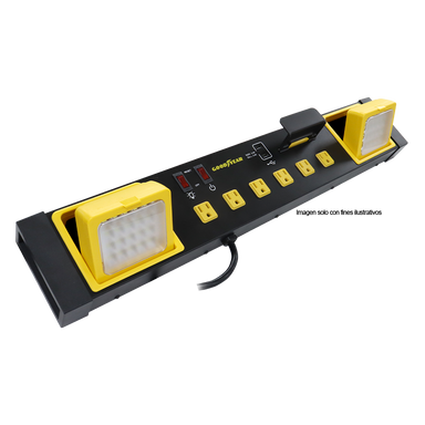 Regleta multifuncional modelo 991-2500066, de 6 enchufes + 2 puertos USB, y 2 luces LED de 20W incorporadas