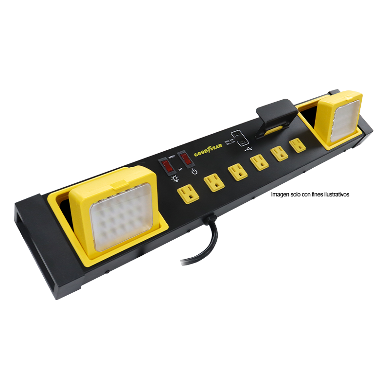Regleta multifuncional modelo 991-2500066, de 6 enchufes + 2 puertos USB, y 2 luces LED de 20W incorporadas