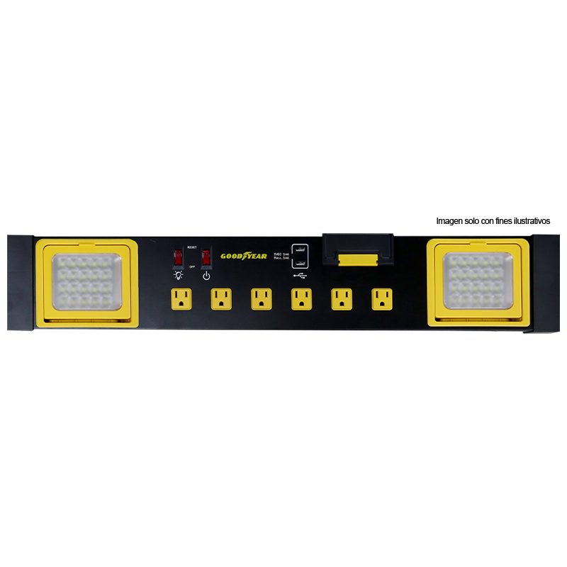 Regleta multifuncional modelo 991-2500066, de 6 enchufes + 2 puertos USB, y 2 luces LED de 20W incorporadas