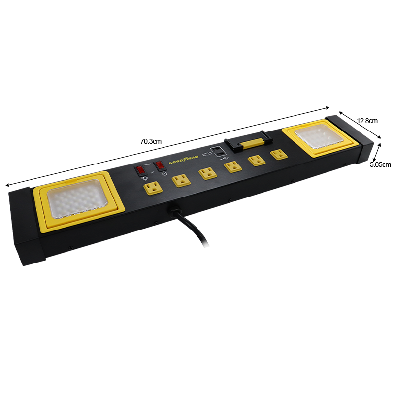 Regleta multifuncional modelo 991-2500066, de 6 enchufes + 2 puertos USB, y 2 luces LED de 20W incorporadas