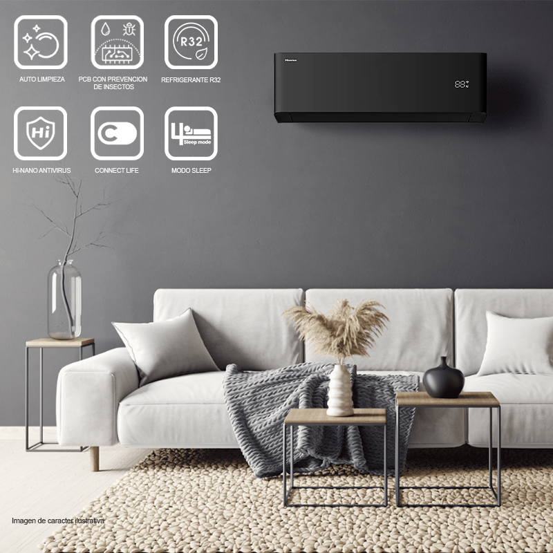 Aire acondicionado Split Inverter 12000BTU, ATR122HB negro Hisense SEER 21, Wi-Fi.
