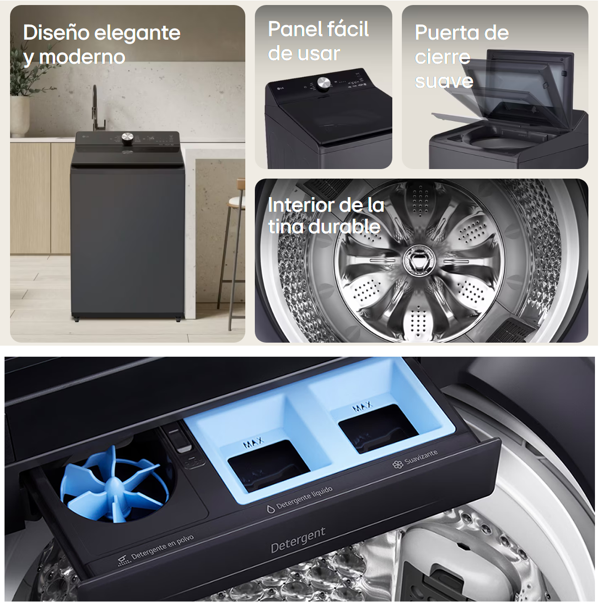 Lavadora 15kg, WT15OBTX6 de LG, carga superior, color negro acero inoxidable
