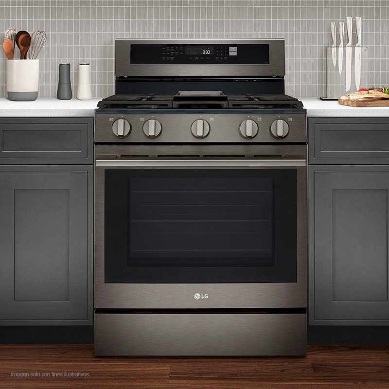 Estufa a gas ancho de 30", LRGN6325Z LG, 5 quemadores, Horno con ventana InstaView, AirFryer y EasyClean, color acero inoxidable negro