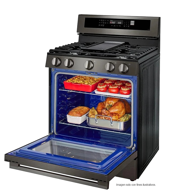 Estufa a gas ancho de 30", LRGN6325Z LG, 5 quemadores, Horno con ventana InstaView, AirFryer y EasyClean, color acero inoxidable negro