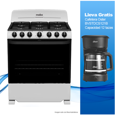 Combo de estufa a gas de 30" Mabe EM7622BAPS2 + Cafetera 12 tazas BVSTDCS121B Oster