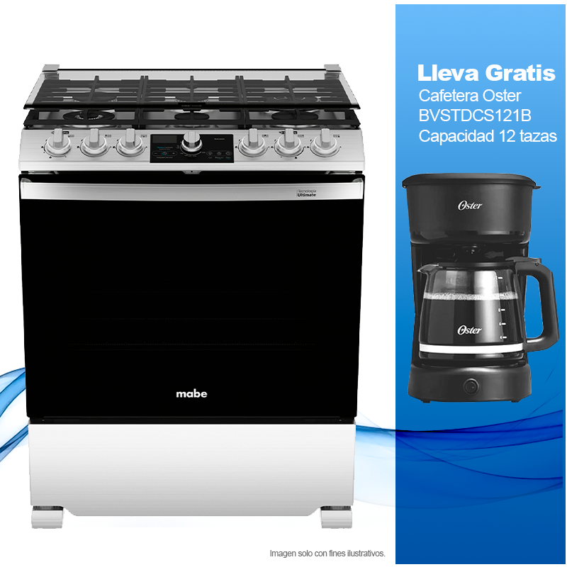 Combo de estufa a gas de 30" EMH7613DTSS0 Mabe+ + Cafetera Oster BVSTDCS121B 12 tazas.
