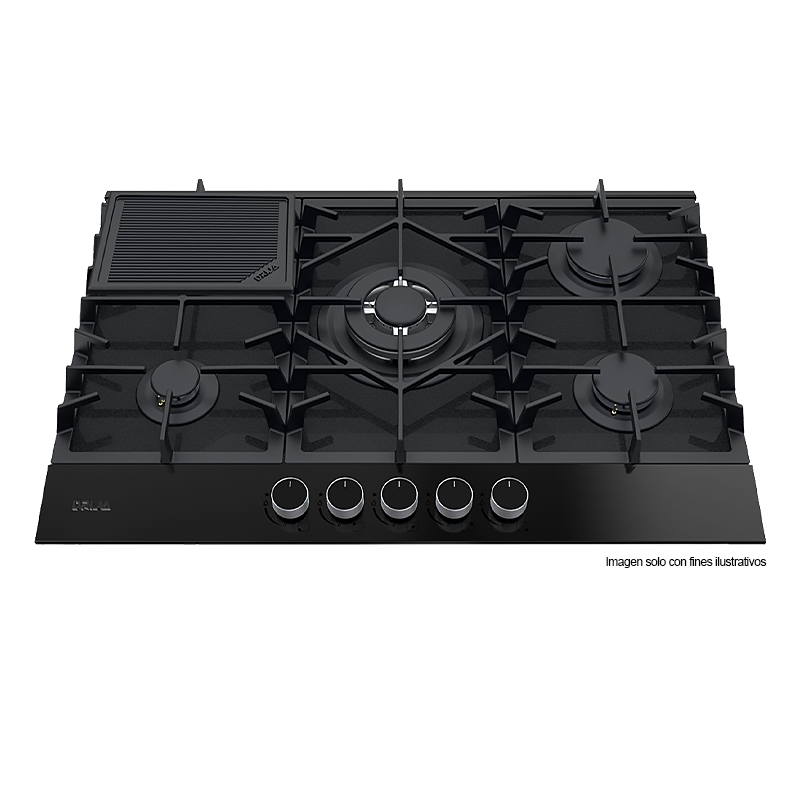Estufa a gas 30" (76cm) Modelo FERRARA 76 PRO-B, Diseño de 5 quemadores SABAF de aluminio, superficie de vidrio templado negro.
