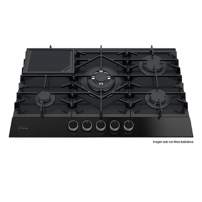 Estufa a gas 30" (76cm) Modelo FERRARA 76 PRO-B, Diseño de 5 quemadores SABAF de aluminio, superficie de vidrio templado negro.