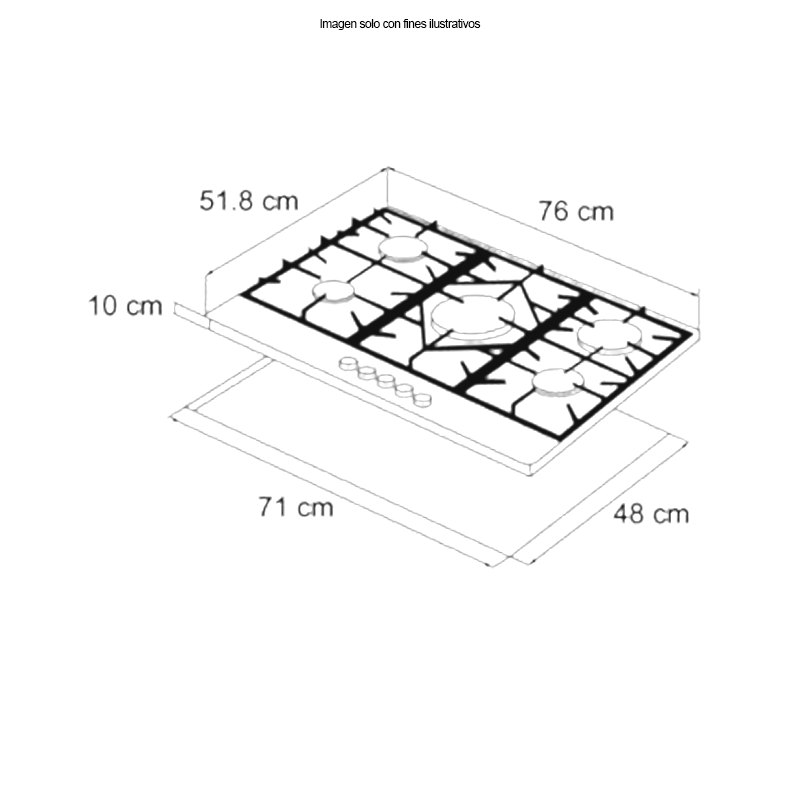 Estufa a gas 30" (76cm) Modelo FERRARA 76 PRO-B, Diseño de 5 quemadores SABAF de aluminio, superficie de vidrio templado negro.