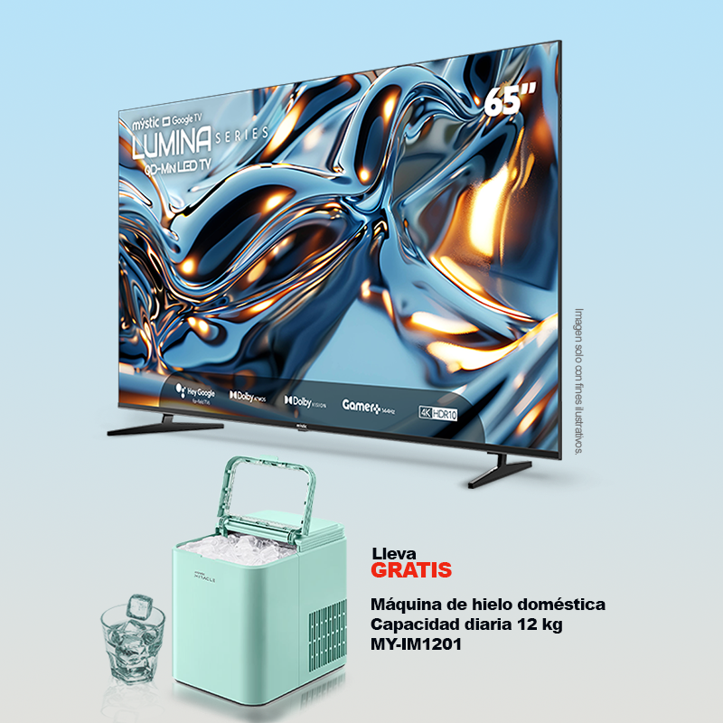 Combo de televisor 65" MY-SMIG65709 QD-MiniLED Mystic + Máquina de hielo MY-IM1201domestica Miracle.