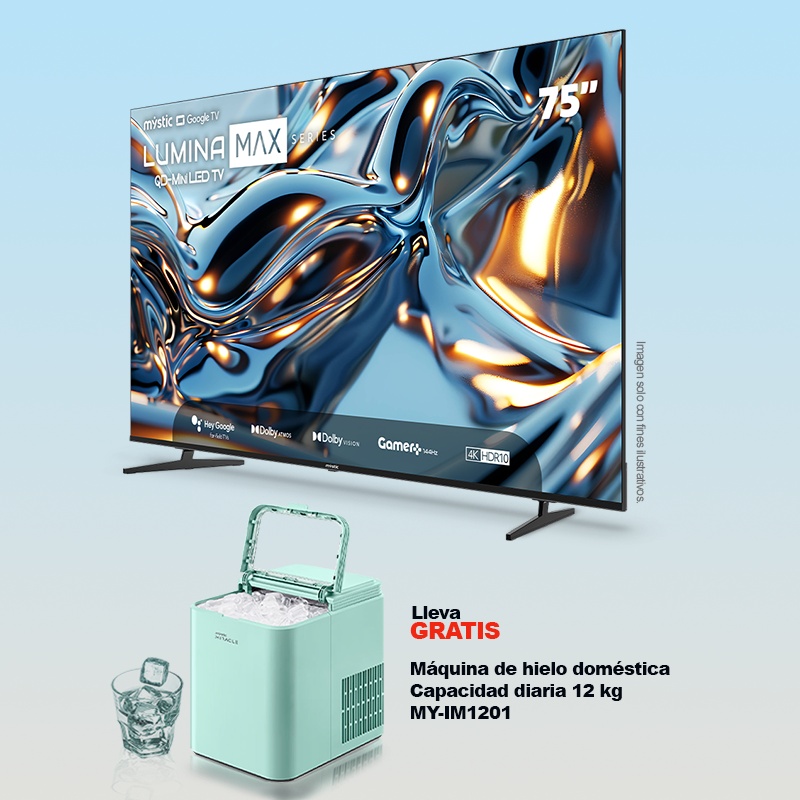 Combo de televisor 75" QD-MiniLED Mystic + Máquina de hielo MY-IM1201domestica Miracle.
