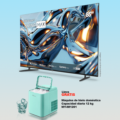 Combo de televisor 85" QD-MiniLED MY-SMIG85709 Mystic + Máquina de hielo MY-IM1201domestica Miracle.