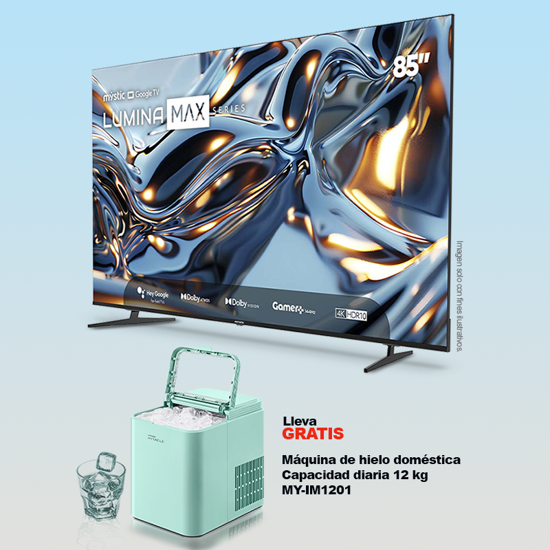 Combo de televisor 85" QD-MiniLED MY-SMIG85709 Mystic + Máquina de hielo MY-IM1201domestica Miracle.