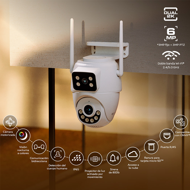 Cámara inteligente NHC-OP30DL Nexxt, Doble lente PTZ Dual, 2K + salida RJ45. IP65.