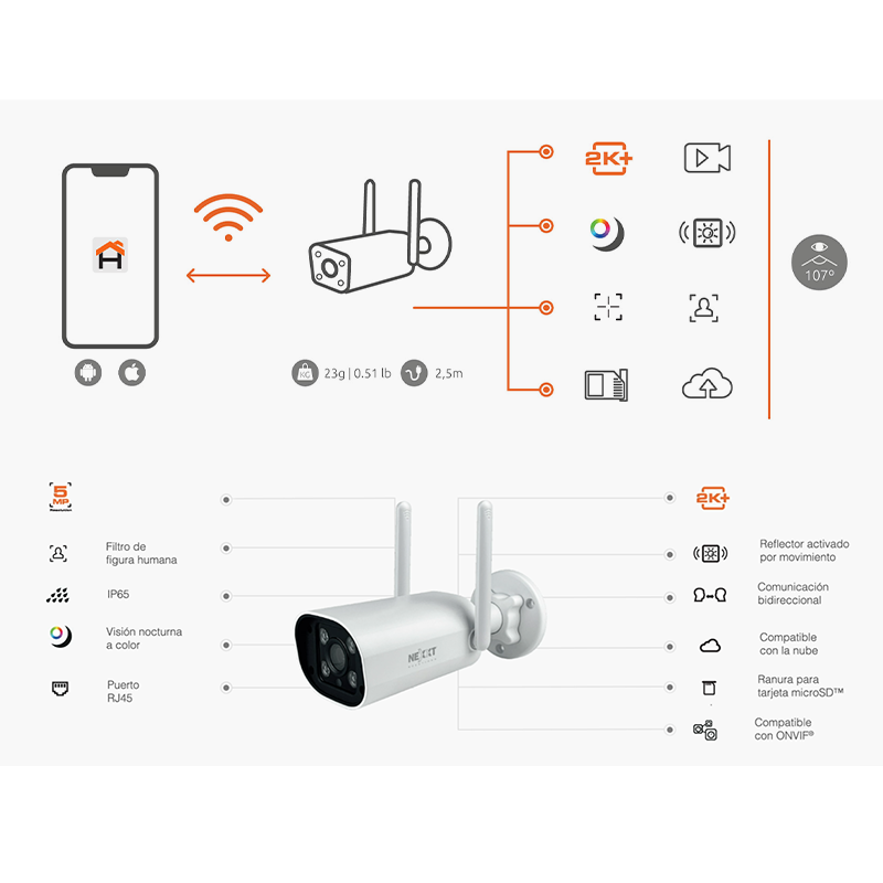 Cámara Inteligente Wi-Fi para exterior, 2K + 5MP, RJ45 NHC-OF10 Nexxt
