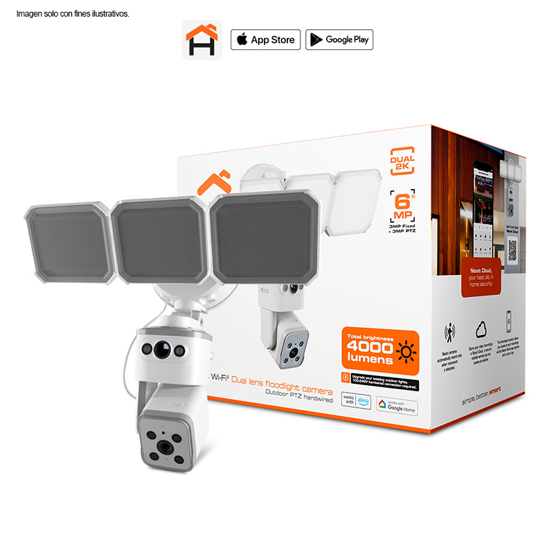 Cámara Smart Wi-Fi de doble lente con reflector NHC-FP50DL Nexxt. Alta intensidad luminaria 4000 lúmenes de poder y seguridad