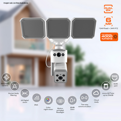 Cámara Smart Wi-Fi de doble lente con reflector NHC-FP50DL Nexxt. Alta intensidad luminaria 4000 lúmenes de poder y seguridad