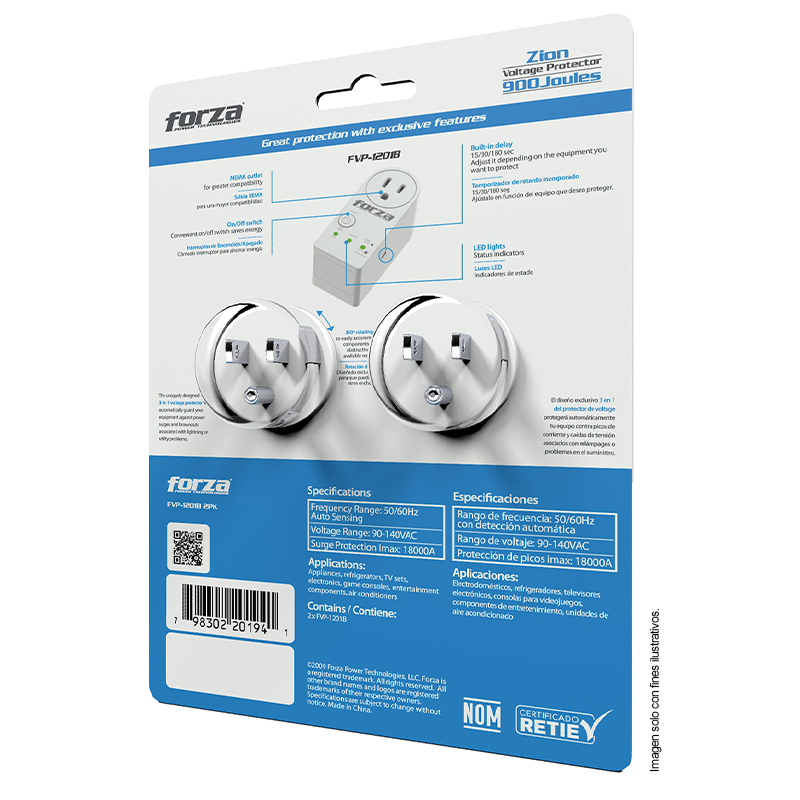 Protector de voltaje Zion 2-Pack, FVP-1201B 2PK, voltaje 110/120VCA - 50/60Hz 900J, NEMA-1