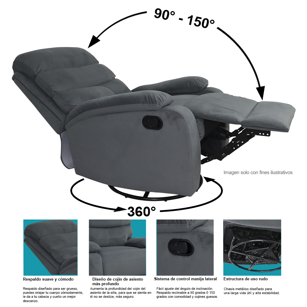 Sillón reclinable mecedora color gris, modelo 857-8018GM, dimensiones: alto 103cm x ancho 76cm x prof. 93cm