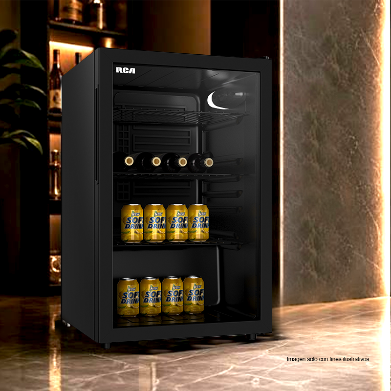 Refrigeradora Minibar 3.3pc, RCBC90 RCA, puerta de vidrio templado.