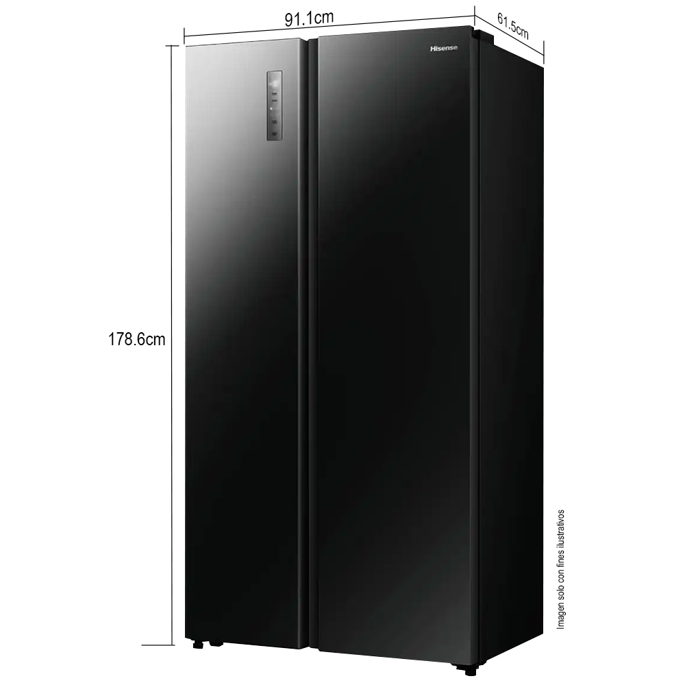 Refrigeradora 18.3pc, Side By Side, FT RS3P558NS1B Hisense, diseño Black Glass y puertas planas, iluminación LED, inverter
