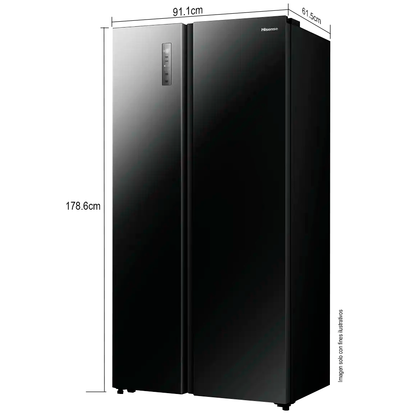 Refrigeradora 18.3pc, Side By Side, FT RS3P558NS1B Hisense, diseño Black Glass y puertas planas, iluminación LED, inverter