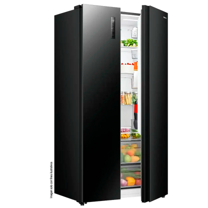 Refrigeradora 18.3pc, Side By Side, FT RS3P558NS1B Hisense, diseño Black Glass y puertas planas, iluminación LED, inverter