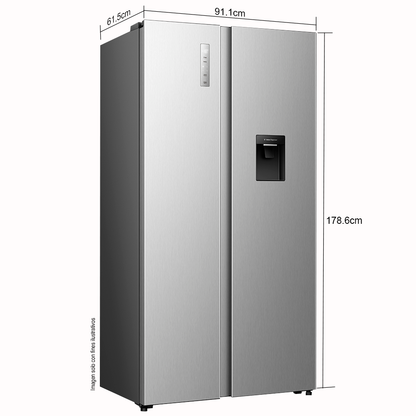 Refrigeradora 18.3pc Side by Side RS3P558NMCB Hisense, con dispensador, tecnología inverter, iluminación LED.