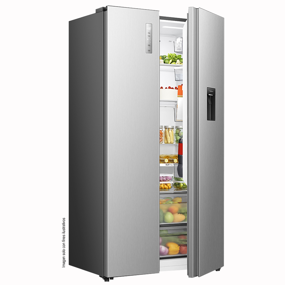 Refrigeradora 18.3pc Side by Side RS3P558NMCB Hisense, con dispensador, tecnología inverter, iluminación LED.