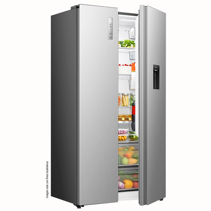 Refrigeradora 18.3pc Side by Side RS3P558NMCB Hisense, con dispensador, tecnología inverter, iluminación LED.