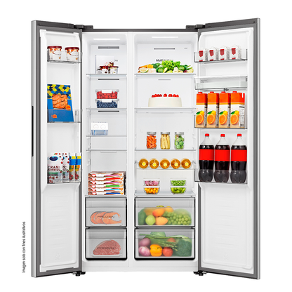 Refrigeradora 18.3pc Side by Side RS3P558NMCB Hisense, con dispensador, tecnología inverter, iluminación LED.