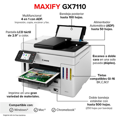 Impresora Multifuncional Maxify GX7110 Canon, Wi-Fi USB RED y Fax