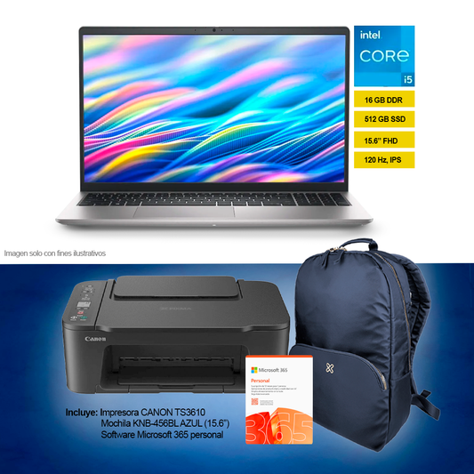 Combo de laptop 15 DC15250 + impresora Canon TS3610 + Mochila mochila para laptop KNB-456BL azul + Microsoft Office 365 Personal