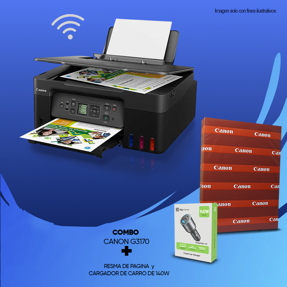 Combo de impresora Canon G3170 multifuncional Wi-Fi + Resma de papel Canon + cargador KCC-140 1400W diseño compacto para automóviles.