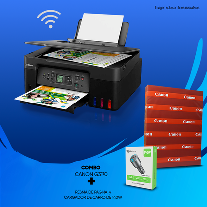 Combo de impresora Canon G3170 multifuncional Wi-Fi + Resma de papel Canon + cargador KCC-140 1400W diseño compacto para automóviles.