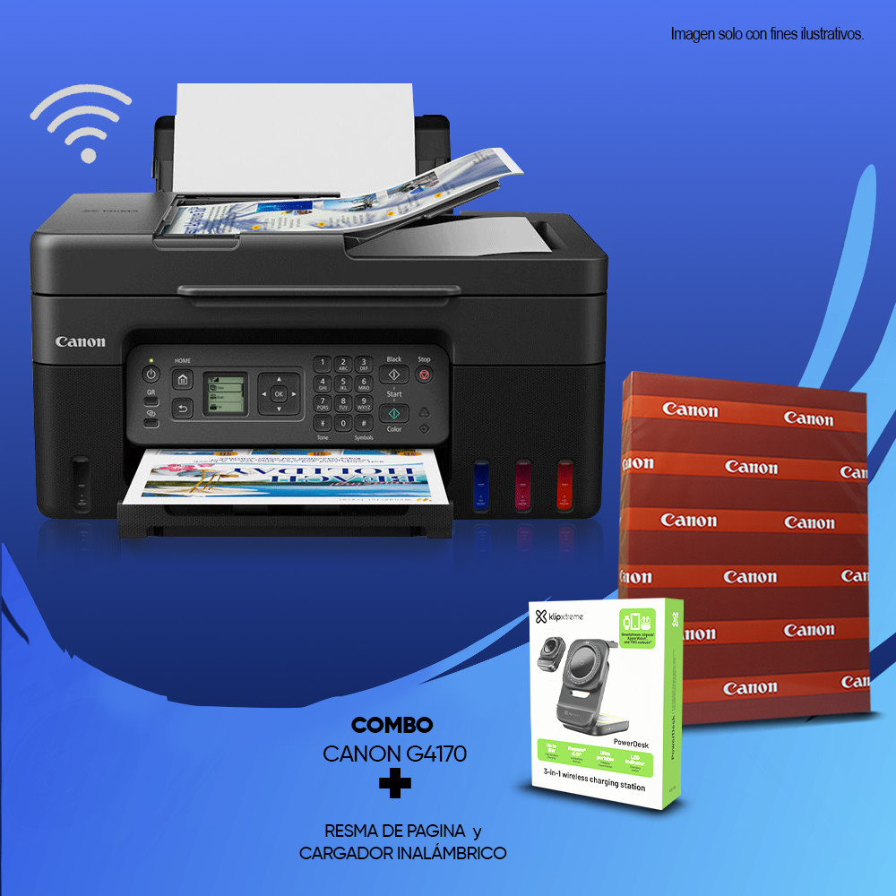 Combo de impresora multifuncional G4170 Wi-Fi + resma de papel Canon + Cargador inalámbrico KDC-150