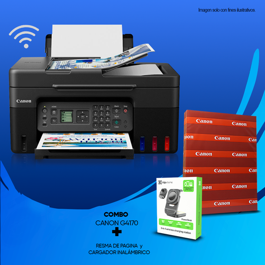 Combo de impresora multifuncional G4170 Wi-Fi + resma de papel Canon + Cargador inalámbrico KDC-150